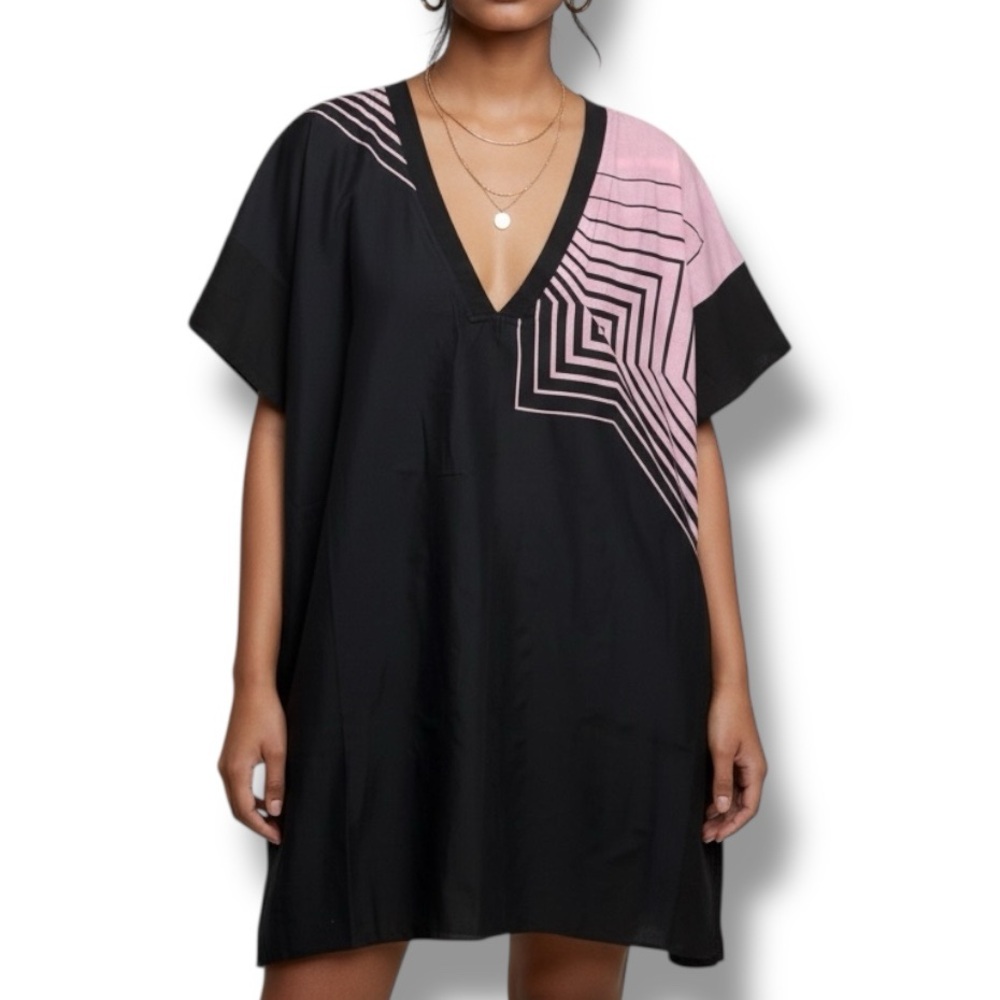 Lise Charmel Silk Kaftan Tunic Geometric Print V Neck Designer Silk Top